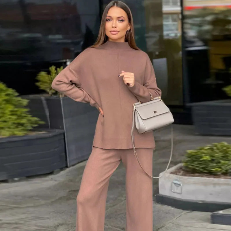 Solid Turtleneck Sweatshirt Set With Wide Leg Pants for Women