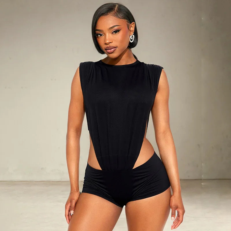 Joskaa 2025 Women's Black Two Piece Set Sexy Crew Neck Sleeveless Side Cutout Bodysuits and Bodycon Shorts Suits Y2K Streetwear