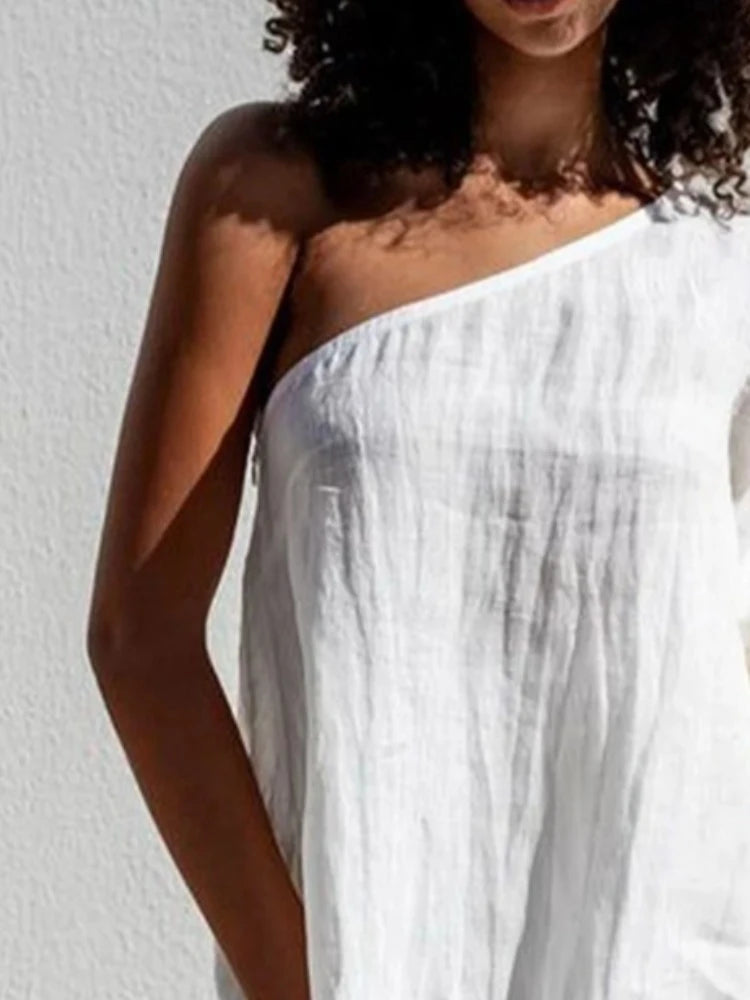Beautyblue Flared Sleeves Women's T-shirt One-shoulder Long Sleeves Tee Summer Loose Asymmetric Elasticity Blouses&Shirts Female