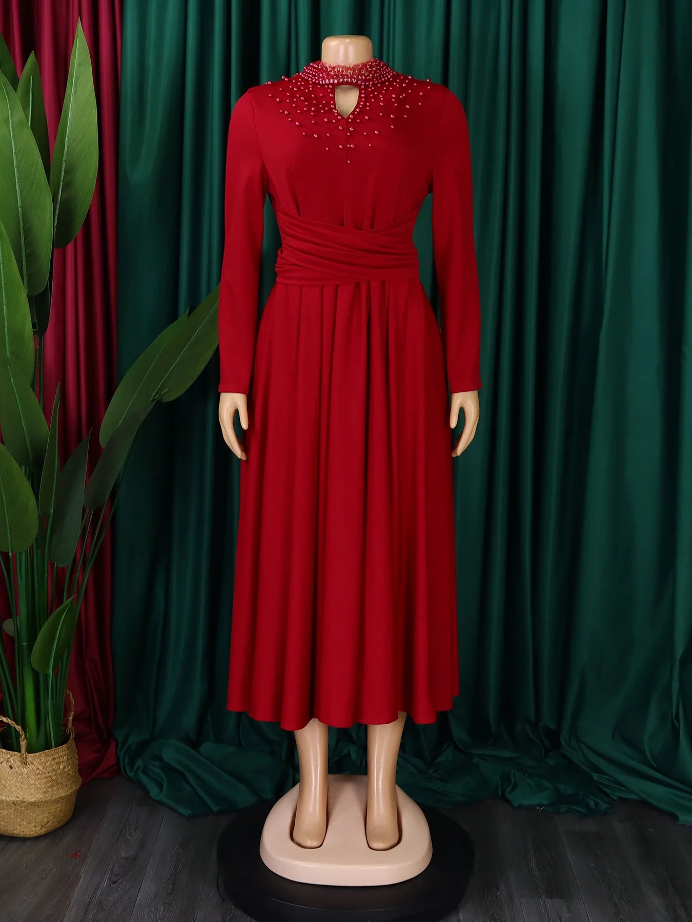 Fashionable High-collar Elegant Embroidered Large Dress Women Waist-shaping African Dress Trendy Plain Pattern Long Skirt