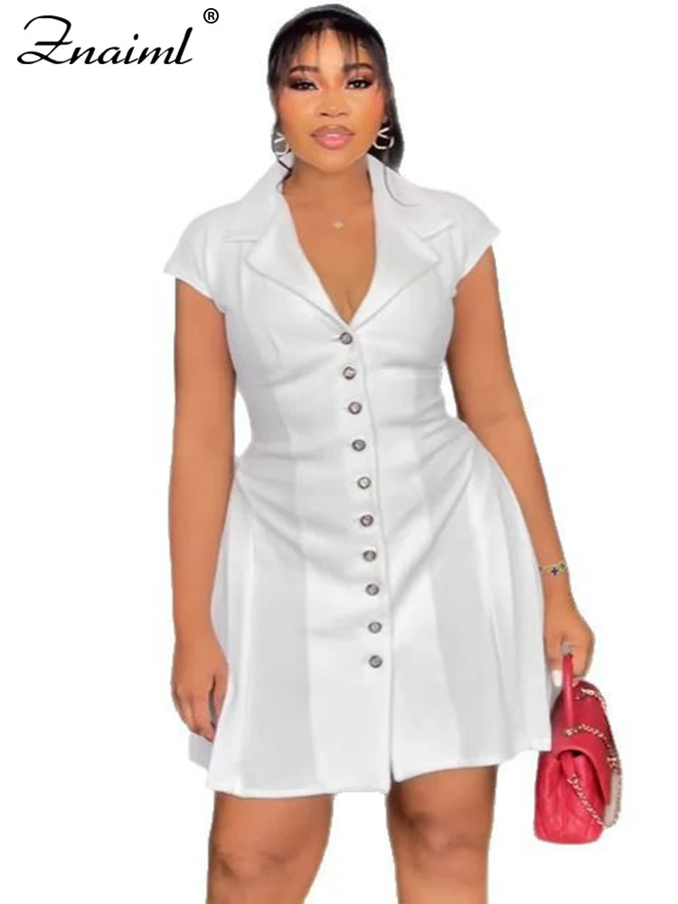 Znaiml Elegant Lapel Short Sleeve Single Breasted Buttons Slim Birthday Party Sweet Style Min Dress Women Office Work Vestidos