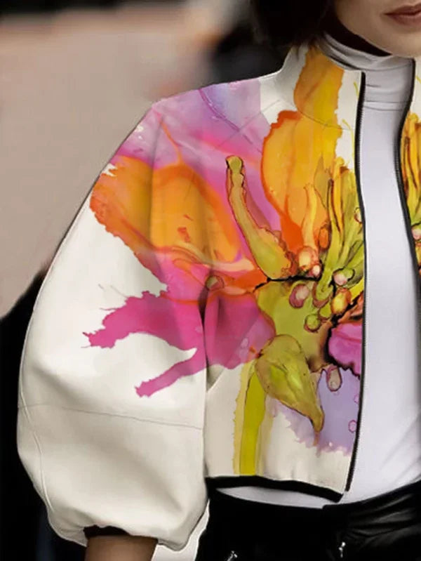 Women's Autumn New Jacket Floral Printed High Neck Puff Sleeves Coat Zippered Half Sleeve Loose Fit Outerwears