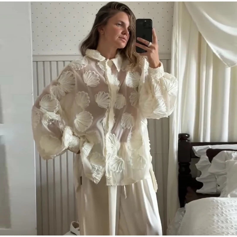 Elegant 3D Flower Lapel Long Sleeve Shirt for Women