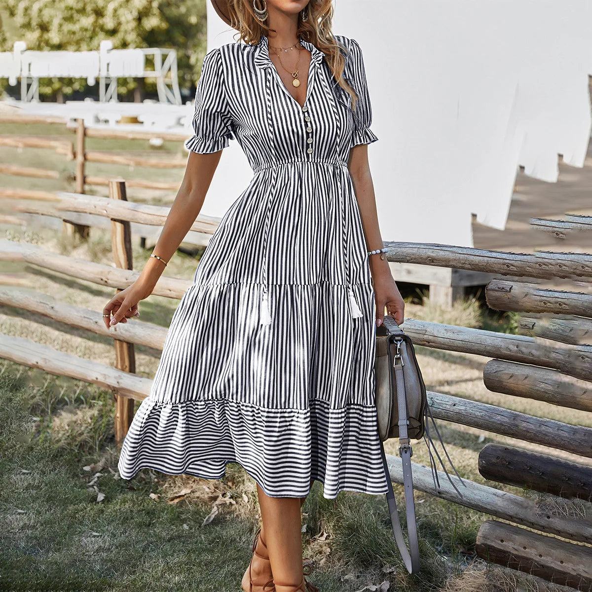 Summer Women's Striped Short Sleeve V-Neck Elastic Waist Dress