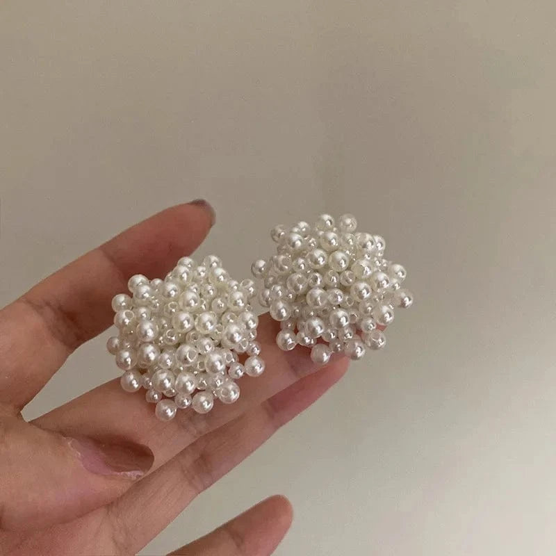 Exquisite Pearl Braided Flower Earrings for Women French Exaggerated Round Brincos Wedding Party Jewelry
