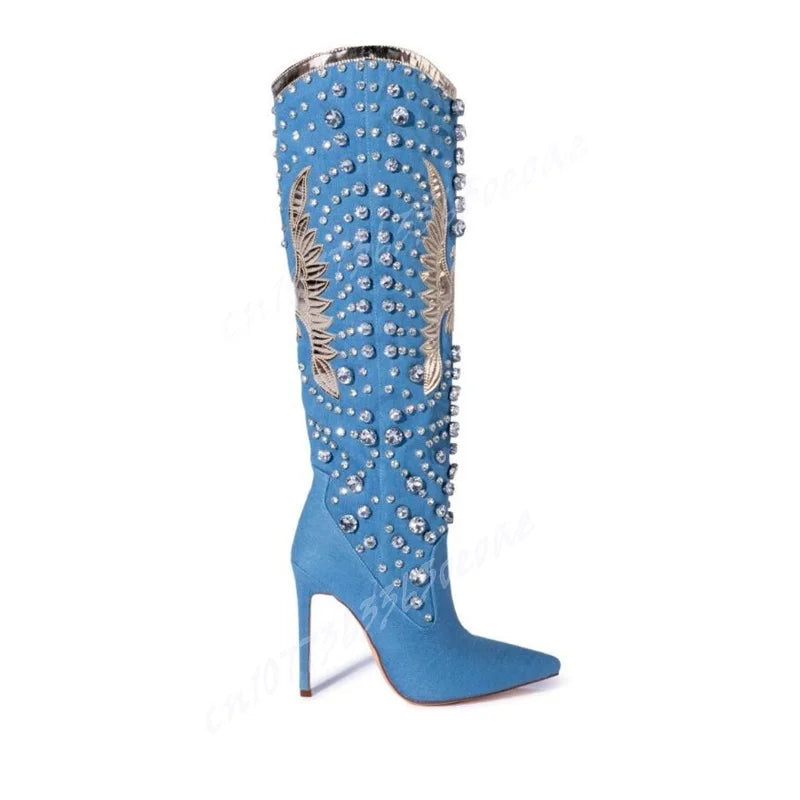 White Wing Decor Chunky Heels Boots Crystal Knee High Pointed Toe Shoes for Women Matte Leather Shoes 2025 Zapatos Para Mujere