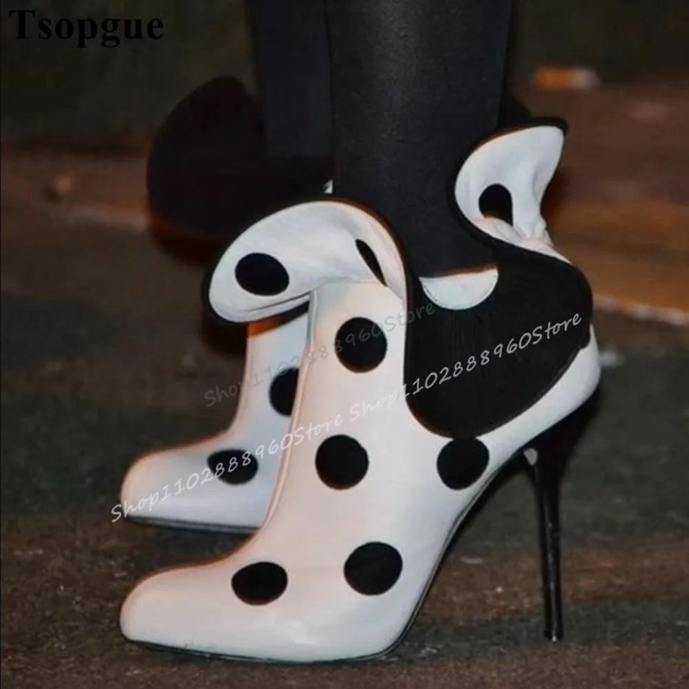White And Black Dot Ruffles Ankle Boots Thin High Heel Shoes For Women Side Zipper Pointed Toe Casual Occidental Style Boots