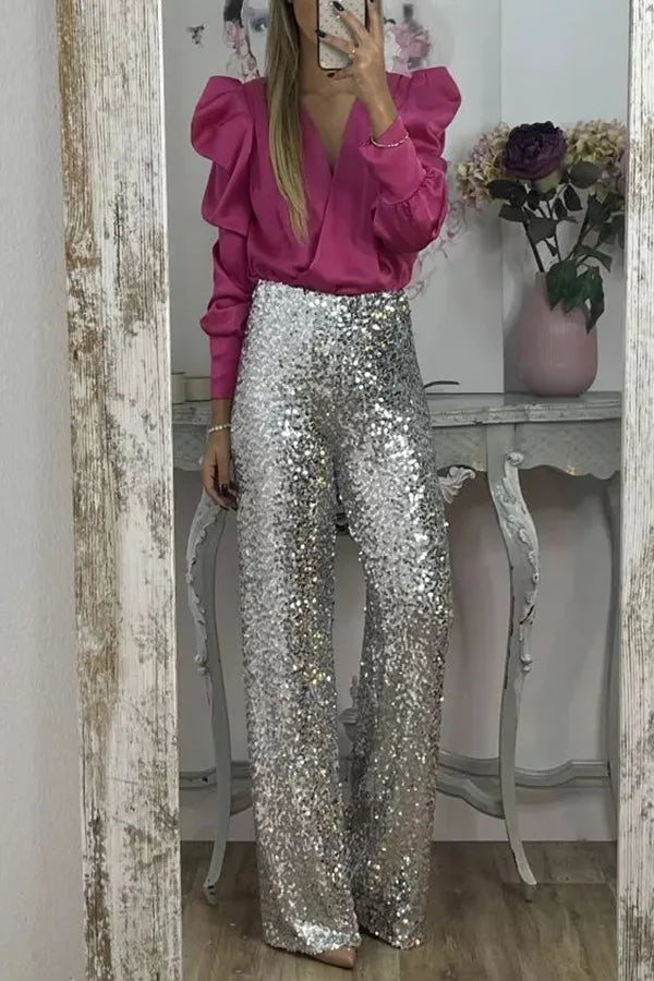 Spring Solid Color Commute Satin Shirt Pullover Fashion V-Neck Puff Long Sleeve Blouses Female Temperament Pleated Ruffled Tops
