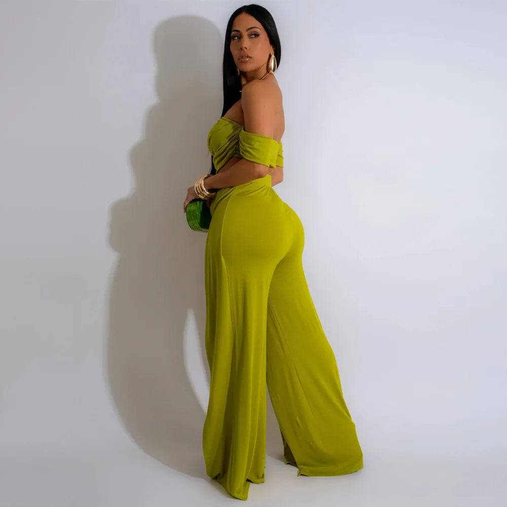 CM.YAYA Women's Set Short Sleeve Slash Neck Ruched Tops and Wide Leg split Pants 2024 Street Two 2 Piece Sets Outfit Tracksuits