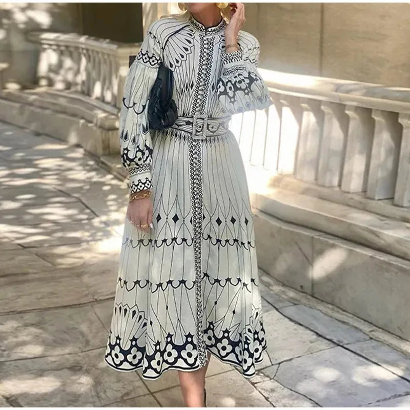 2025 Spring Women Vintage Long Dress Print Sashes Lantern Long sleeve Dresses Female Summer Elegant Fashion Office Lady Clothes