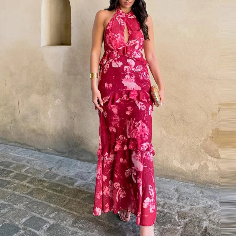 Bohemian Floral Print Sleeveless Ankle Length Dress for Women