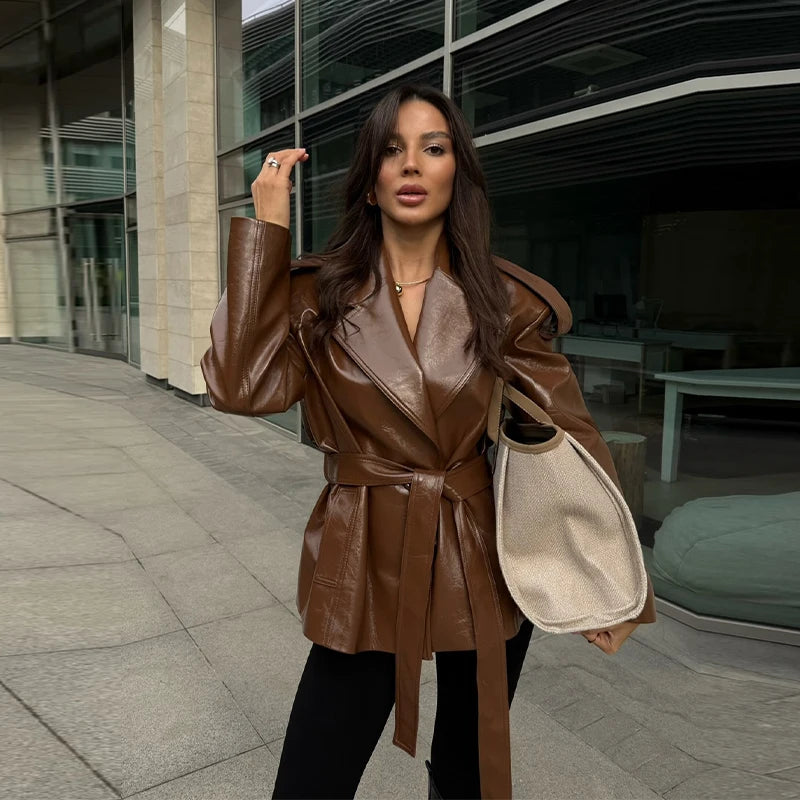 2025 Autumn Women's Jacket Vintage Laple Brown PU Leather Belt Pockets Jackets Female Fashion New Winter Loose Lady Streetwears