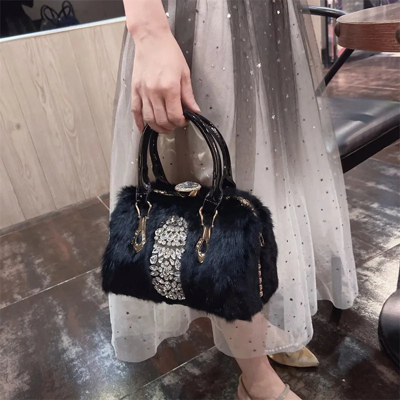 Original Designer Brand Rabbit Hair Bag New Fashion Leather Handcarry Shoulder Crossbody with Diamond Hair Bags for Women