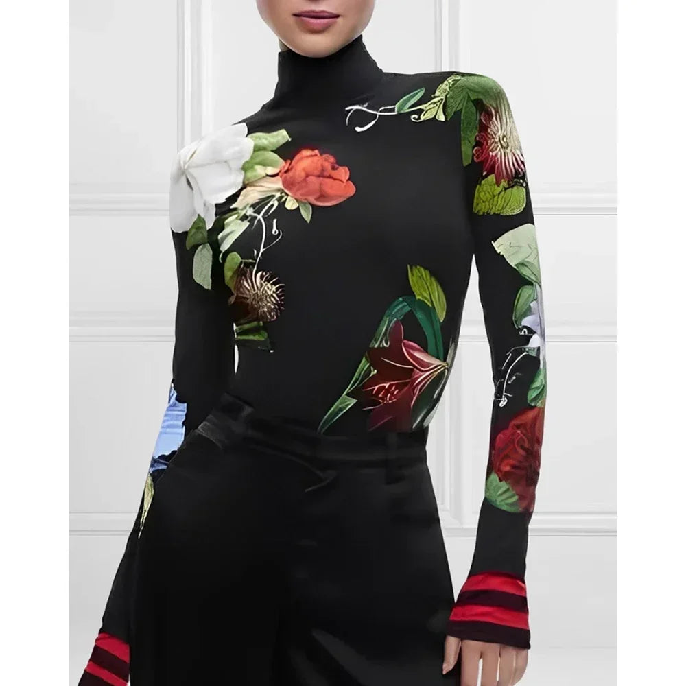 Women's Vintage Floral Printed High Neck Tops 2025 New Fashion Autumn Winter Long Sleeves Casual Skinny Split-Joint T-shirts