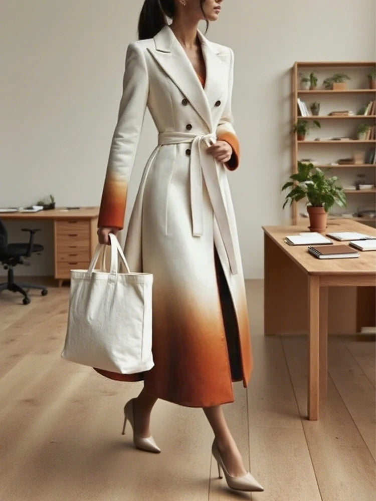 Beautyblue Fashion Women Gradient Outerwear Long Blazer Elegant Loose Tied Waist Buttoned A-Line Woolen Coat for Office Commute
