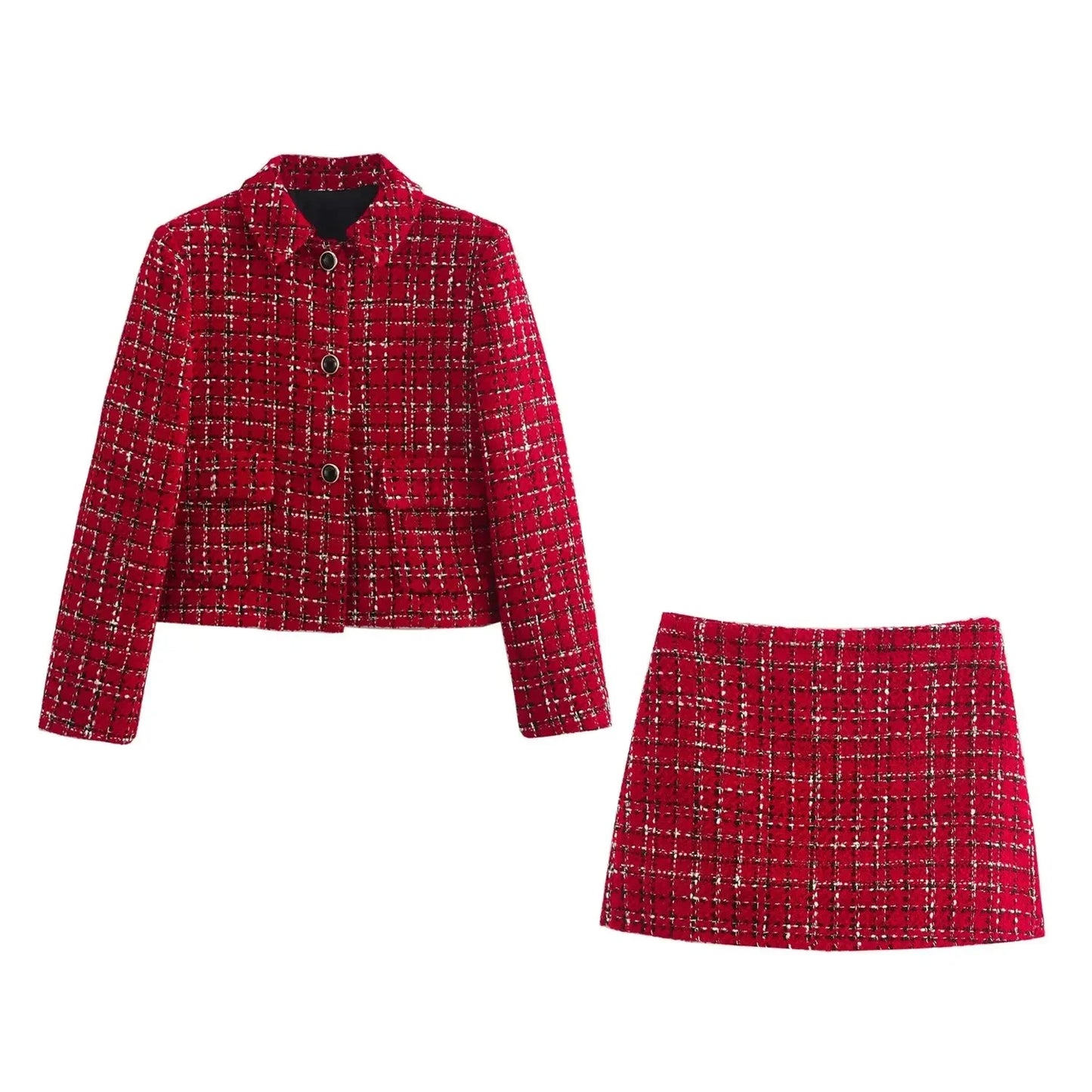 Retro Red Single-Breasted Jacket and Culottes Set for Women