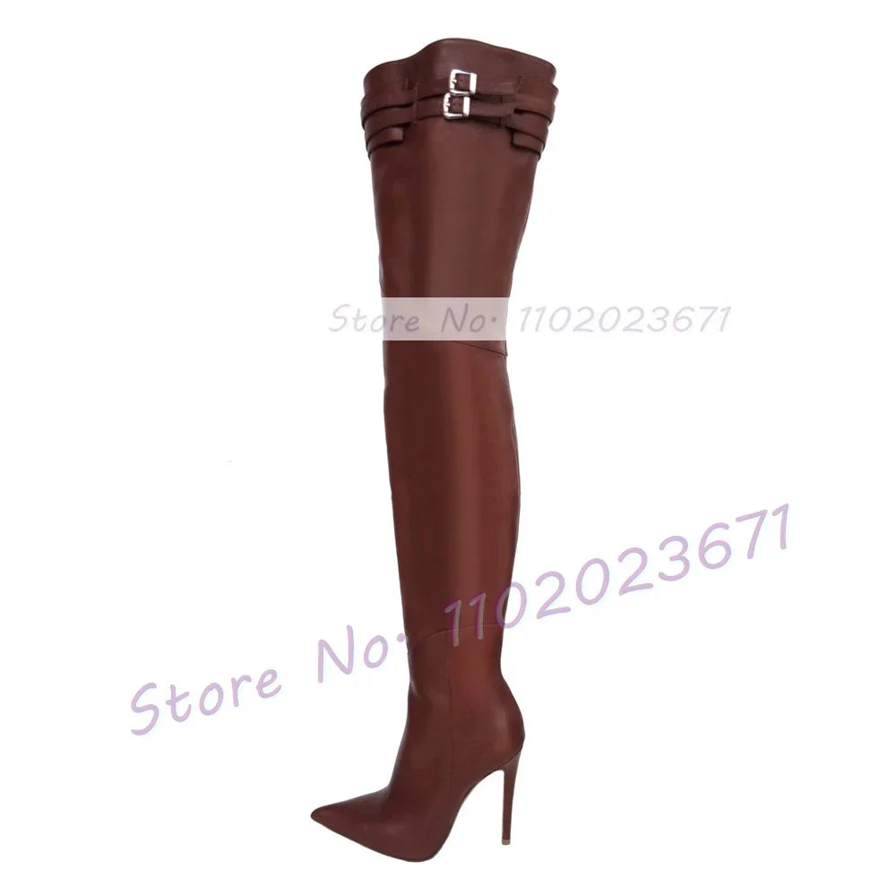 Buckle Strap Pointed Toe Over The Knee Boots for Women