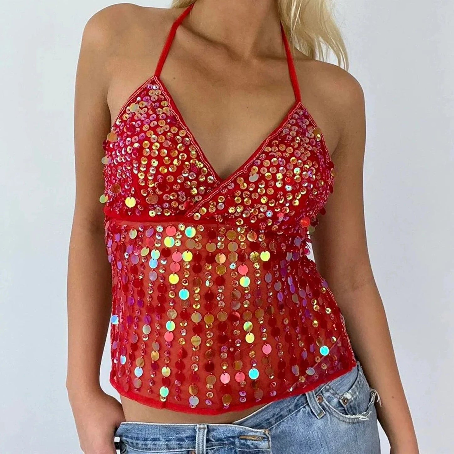 hirigin Women Sequin Halter Top Sexy Sleeveless Deep V Neck Glitter Tank Top Sparkle Backless Crop Top Summer Streetwear