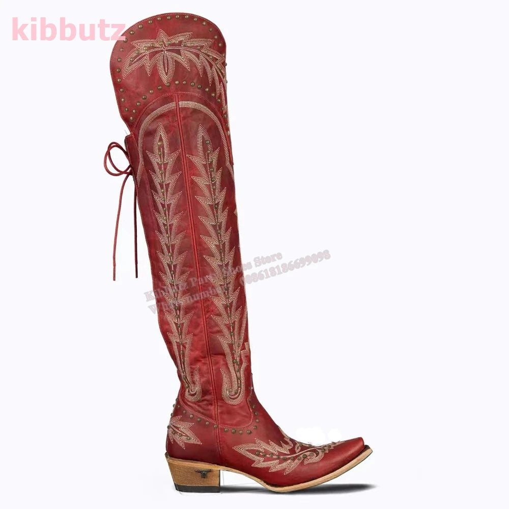 Rivet Cowboy Vintage Boots Over The Knee High Embroidery Lace-Up Luxury Leather Pointed Toe Chunky Heels Fashion Concise Shoes