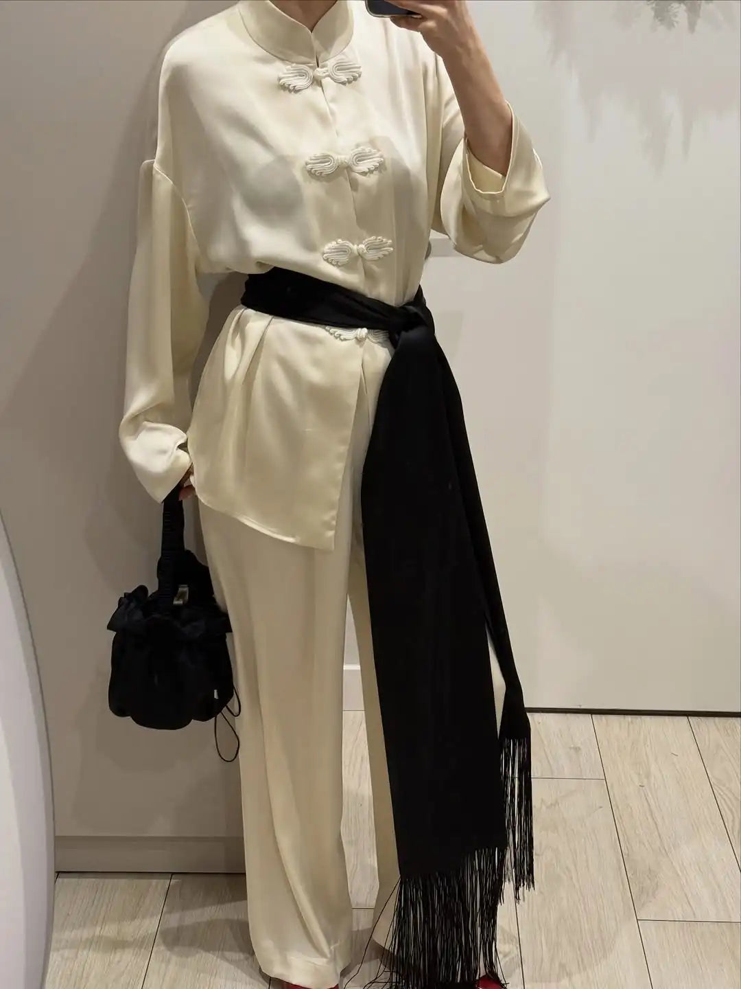 Chic Fringe Tassel Satin Waist Bag With Flowing Strap for Women
