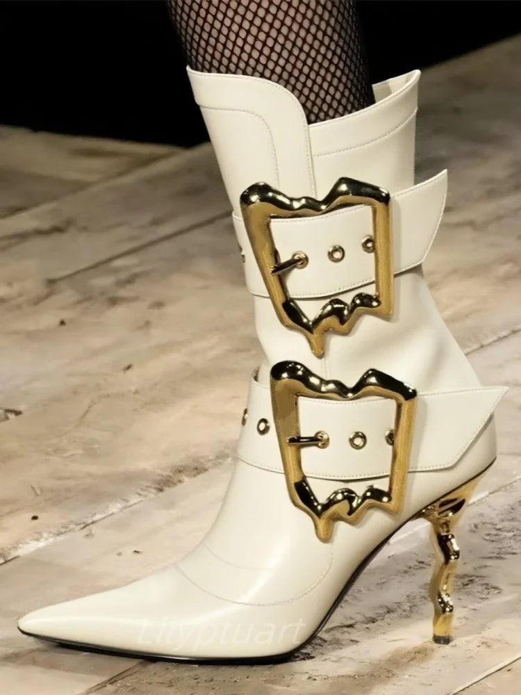 Shiny Metal Belt Buckle Side Zip Knee-High Boots for Women
