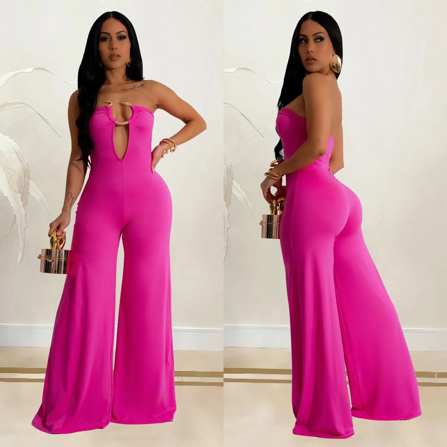 CM.YAYA Women Wide Leg Deep V-Neck Sleeveless Jumpsuits 2024 Summer Hollow Out Night Street Club Playsuit One Piece Suit Romper