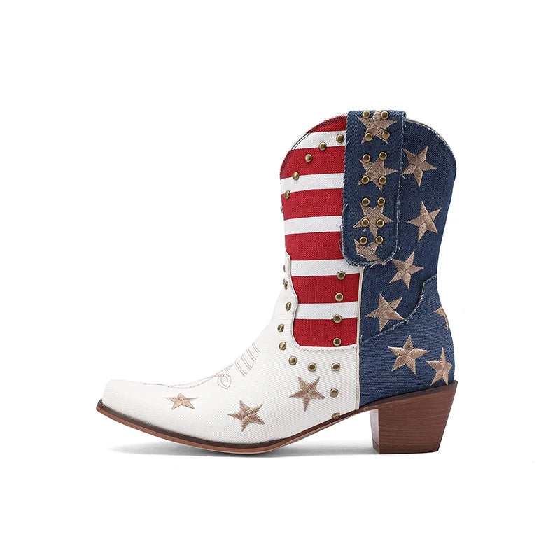 Embroidered Flag Denim Western Ankle Boots for Women