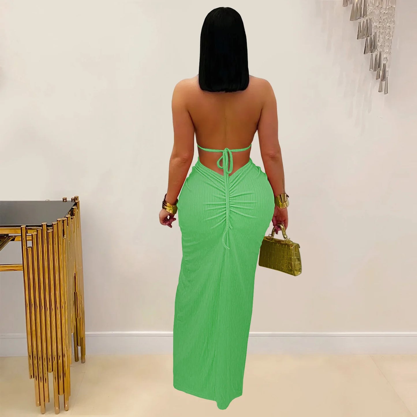 Joskaa Women's 2025 Summer Knit Halter Dress Sexy Hollow Backless Slit Bodycon Maxi Dresses Holiday Party Club Beachwear S-XXL