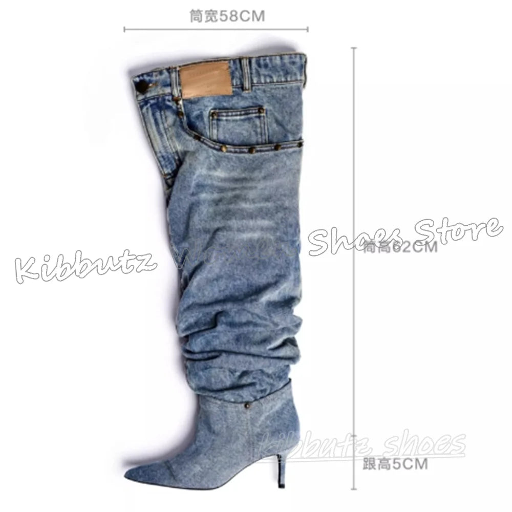 Pocket Over The Knee Boots Denim Cloth Slip-On Bottom Solid Color Novelty Fashion Concise Sexy Hot Girls Shoes Pointy Thin Heels