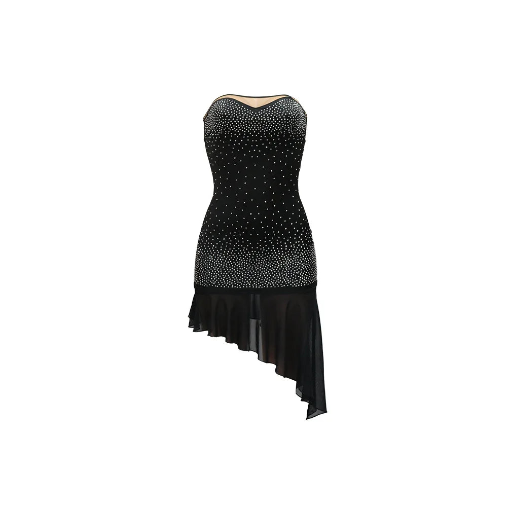 Sexy Solid Color Strapless Rhinestone Decor Backless Irregular Party Dress
