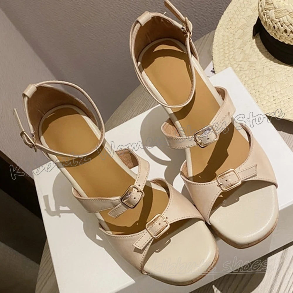 Wedges Sandals Round Toe Belt Buckle Leather Mixed Color Novelty Fashion Elegant Concise Sexy Women Summer Beach Party Shoes New