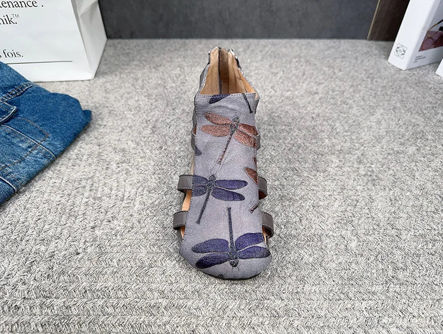 Flat Printed Genuine Leather Roman Sandals for Women