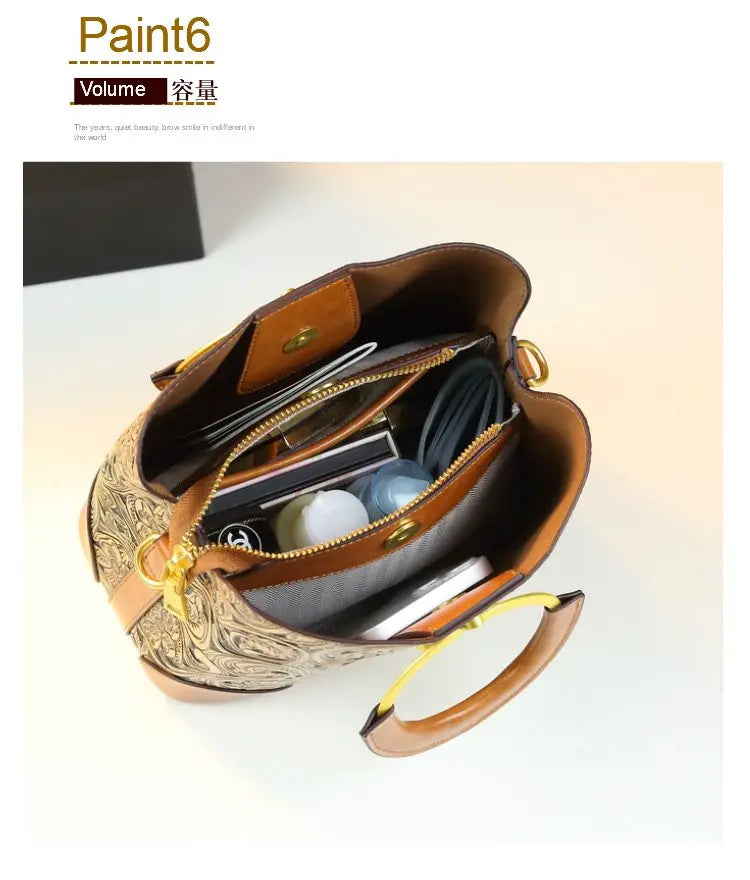 Retro Cowhine Carved Women Bag Handhold Bucket Leather Commuting Shoulder Underarm Crossbody Bags for Women