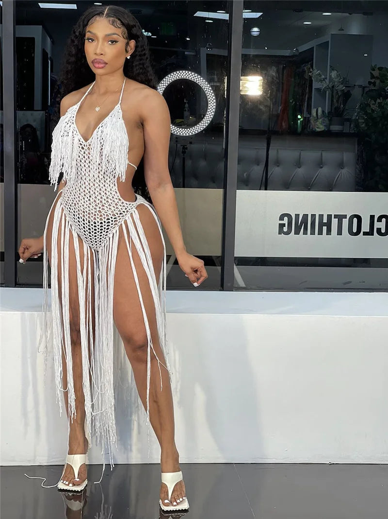 Sexy Crochet Knitted Beach Summer Dress Women Halter V-neck Tassel Backless Maxi Dress Vacation Sheer Long Dresses Swimsuit 2022