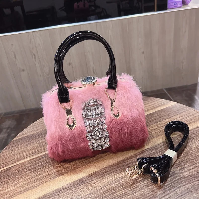 Original Designer Brand Rabbit Hair Bag New Fashion Leather Handcarry Shoulder Crossbody with Diamond Hair Bags for Women