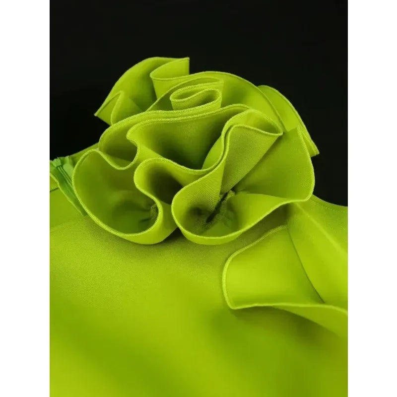 2025 New Women Sweet and Cute Green Party Evening Dress 3D Flower Sleeveless Knee Length Elegant Cocktail Celebration Robe