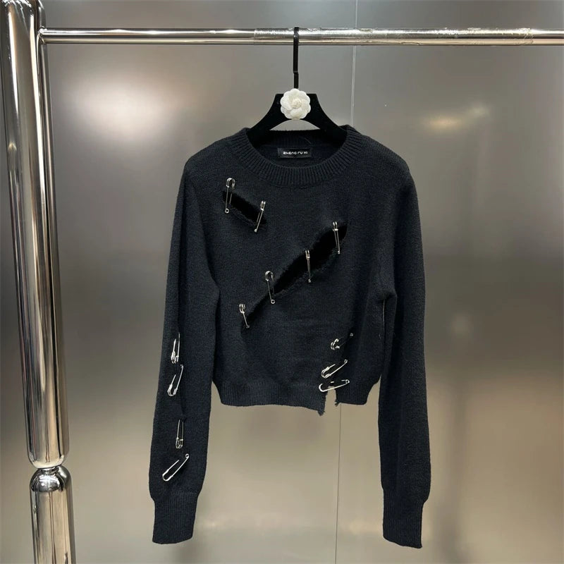 Women Black Gothic O-Neck Pullover Hollow Out Knit Sweater Harajuku Y2k Long Sleeves Sweater Vintage 90s 2000s Aesthetic Clothes