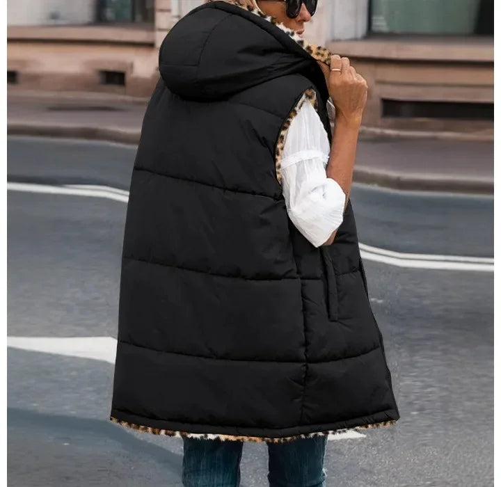 Zip Up Jacket Women VestSleeveless Latest Leopard Pattern Hoodie Pockets Long Warm Winter Coat Streetwear 2025 Autumn Winter