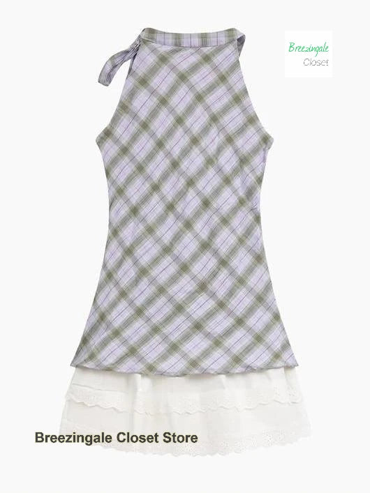 Korean Plaid Lace Plaid Hanging Neck Fake Two-Piece Shirt Women's Summer New Stacked Sleeveless Shirt Design Sense Small Top