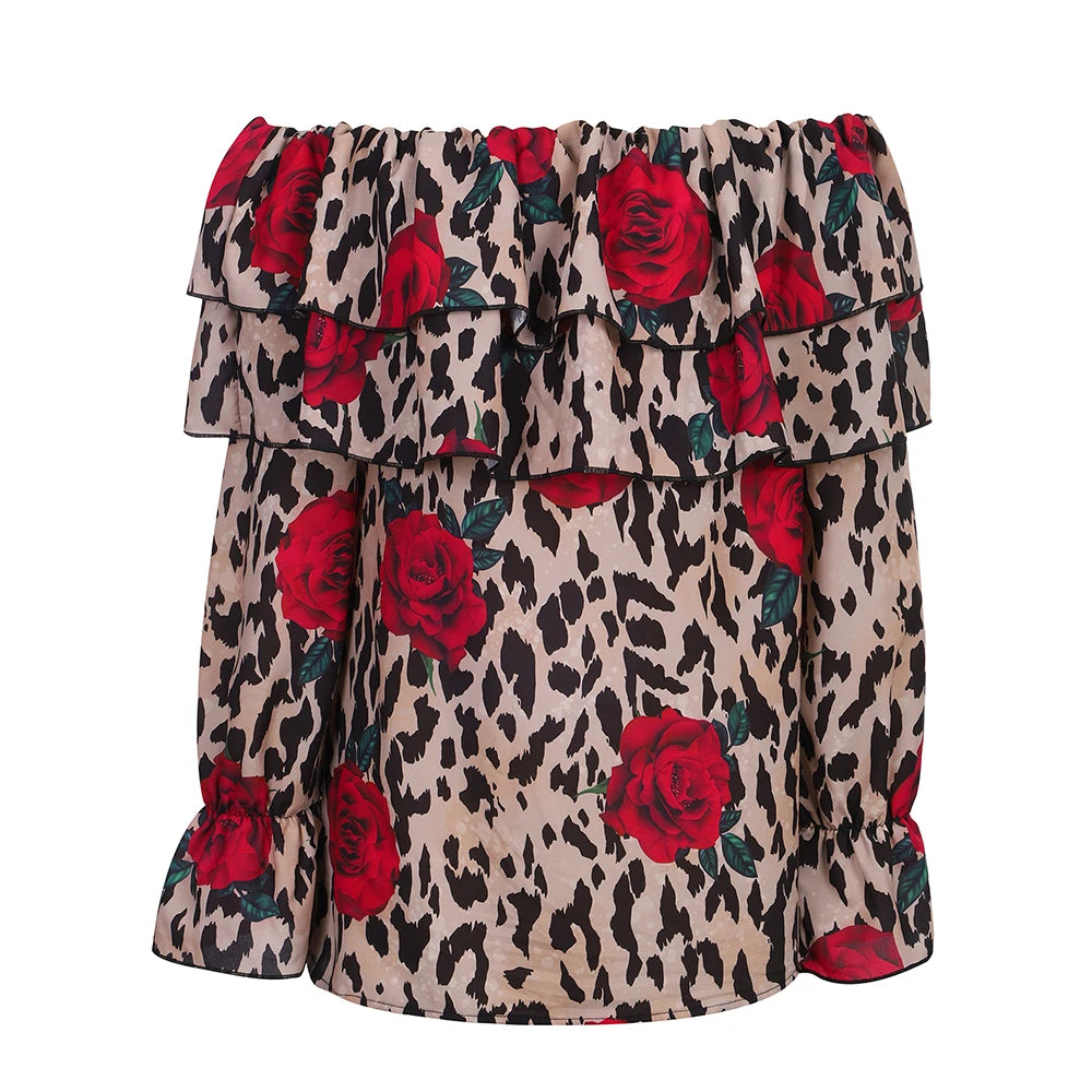 Women's Sexy Leopard Floral Printed Slash Neck Chiffon Blouse Autumn Spring Ladies Ruffle Casual Holiday Tops Size S-2XL