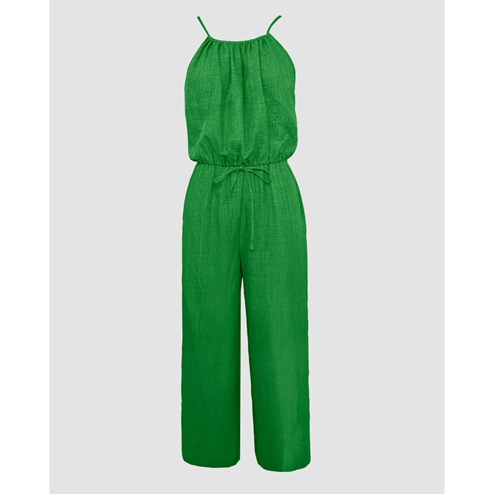 Women Solid Color Round Neck Wide Leg Straight Overalls Summer Spaghetti Strap Drawstring Waist Casual Black Jumpsuits