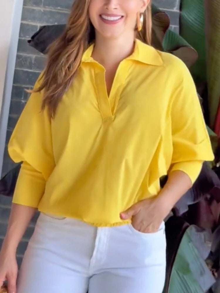 Beautyblue Women Yellow Blouse Cotton Shirt Summer New Casual Loose Tops Spring Chic Lapel Shirt Female Work Wear Shirt Blouse