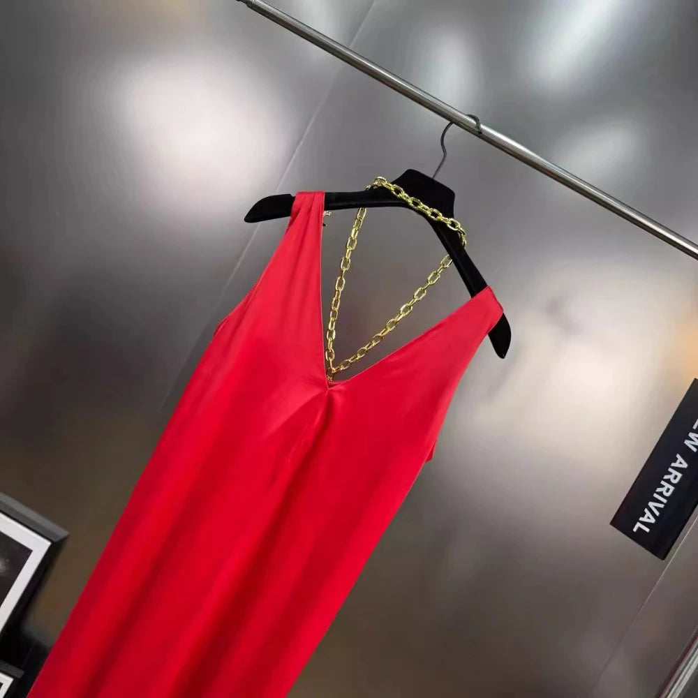 VGH Minimalist Spliced Chain Long Sundresses for Women V Neck Sleeveless High Waist Patchwork Metal Buckles Dress Female Summer