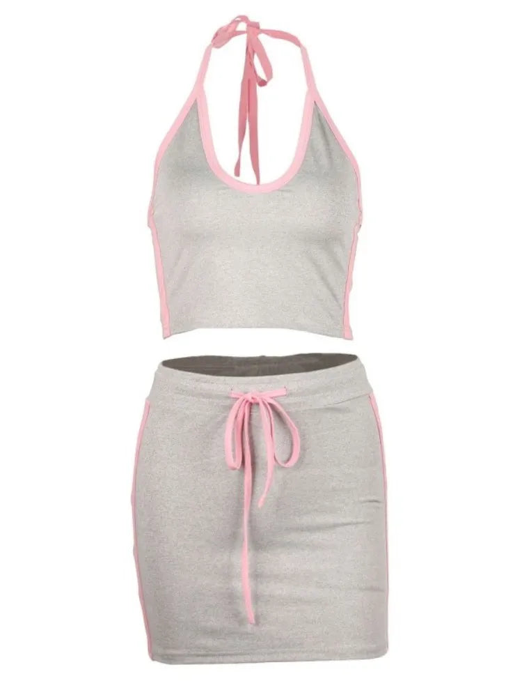 Joskaa 2025 Women's Color Block Sporty Two Piece Set Casual Halter Low-Neck Backless Camisole+Drawstring Skirts Match Tracksuits