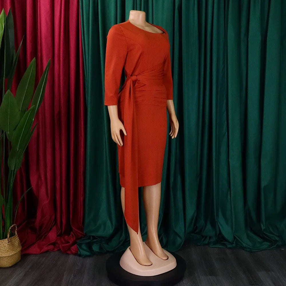 Office Dresses for Woman 2024 New Skew Collar Full Sleeve Sashes Sheath Package Hips Mid Calf Professional Business Work Dress