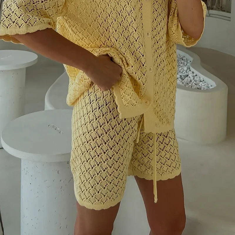 Holiday Hollow Out Knit Crochet Outfit Woman Single Breasted Lapel Shirt Top & Lace Up Short Sets Solid Spring Summer Beach Suit