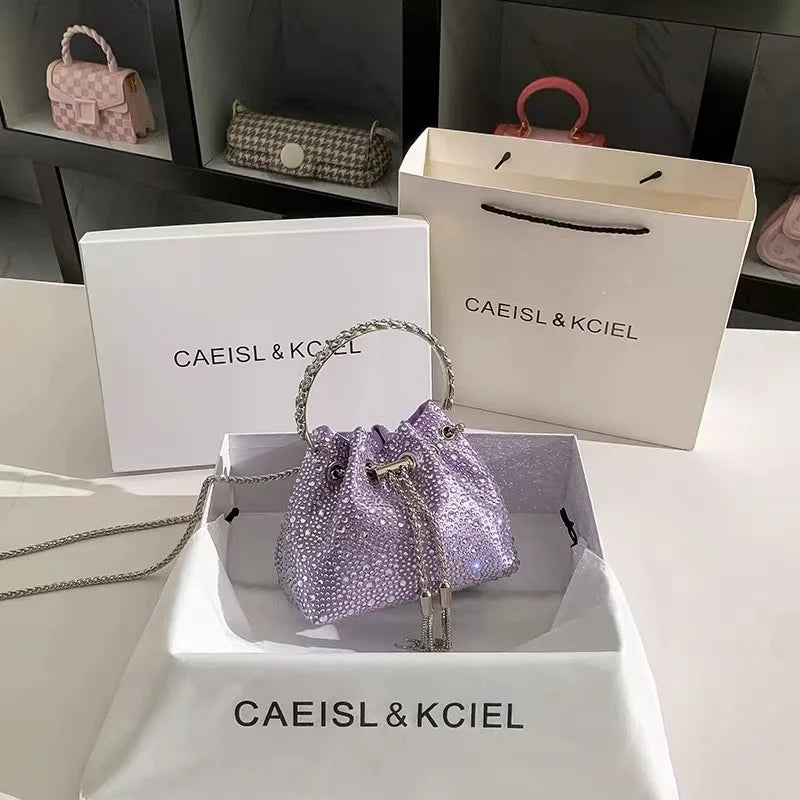 Crystal Shiny Diamonds Bucket Bag Fashion Women Handbag Metal Ring Handle Evening Bag Wedding Party Clutch Purse Crossbody Bag