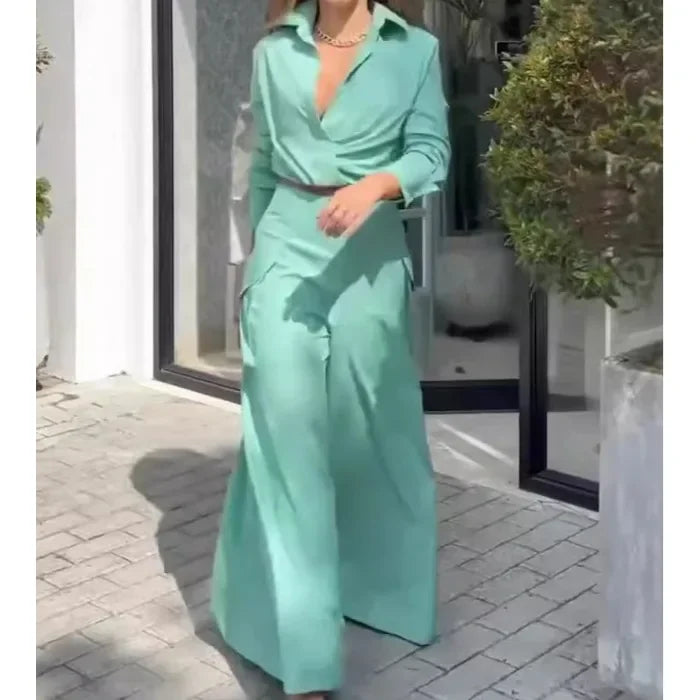 2 Piece Set Women Clothes Elegant Commute Long Sleeve Top & High Waist Wide Leg Pants Fashion Suit for Female 2025 Summer New
