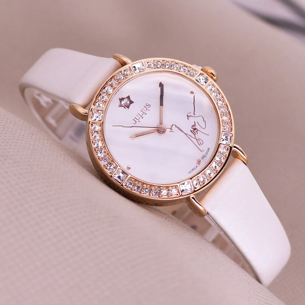 Rhinestones Julius Lady Women's Watch Fashion Hours Bracelet Real Leather Girl's Birthday Gift No Box