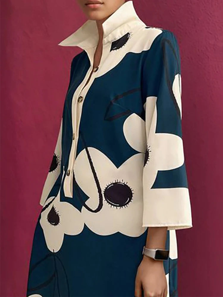 Lapel Collar Floral Print Shirt Dress